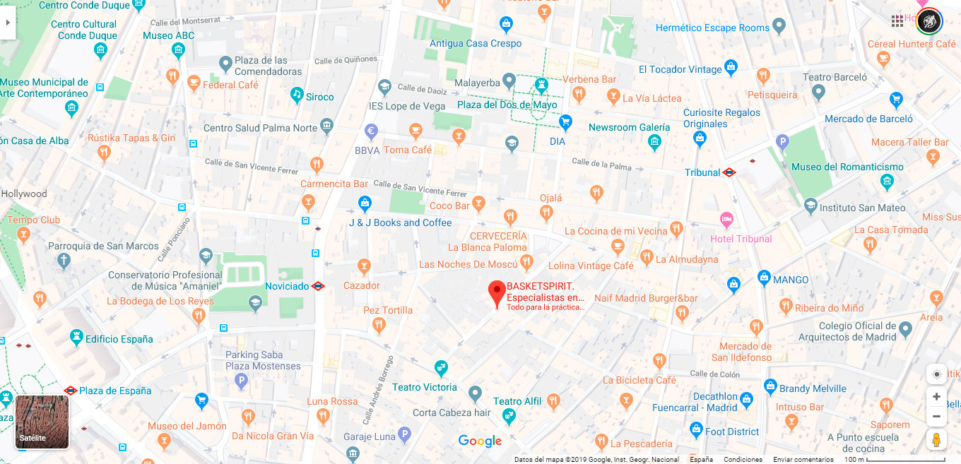 ¿Dónde está Basketspirit Madrid? ¿Cómo llegar? Mapa. Tienda de baloncesto. Centro Madrid. 28004. Metro Noviciado, Tribunal, Plaza de España