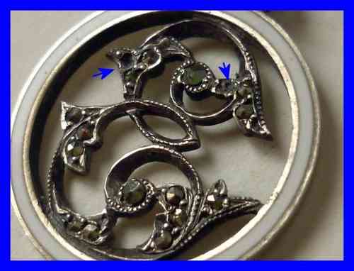 Antique enameled silver pendant with marcasites  letter E