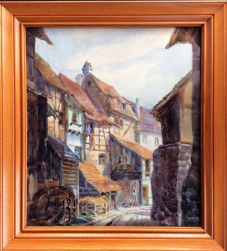 Aquarelle originale " Rue de village Alsacien " par Henry Bermeitinger