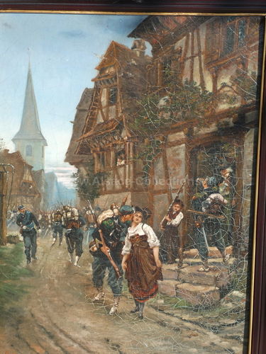 Huile sur toile " Départ des Cuirassiers de Froeschwiller " par Charles Ammann