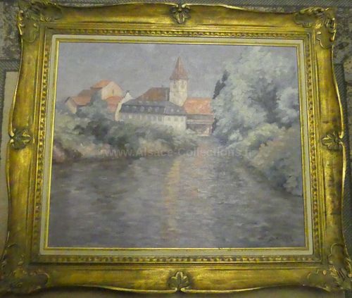 Huile sur toile " Moulin de Geudertheim " par Charles Husslein