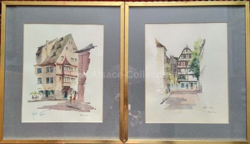 Paire d'aquarelles originales " Vues de Strasbourg " par Robert Kuven