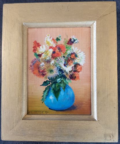 Huile sur bois " Bouquet au vase bleu " par Charles Meyer