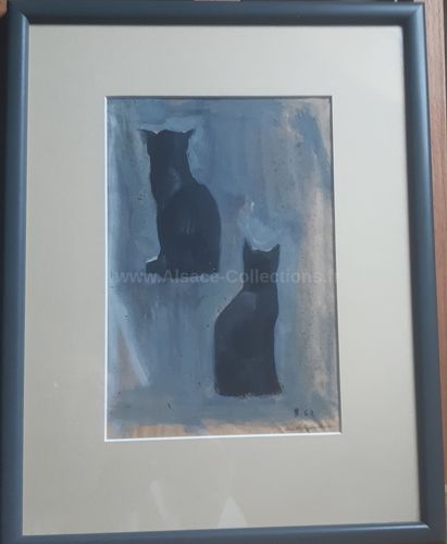 Aquarelle " Deux chats noir " par Antoine Heitzmann