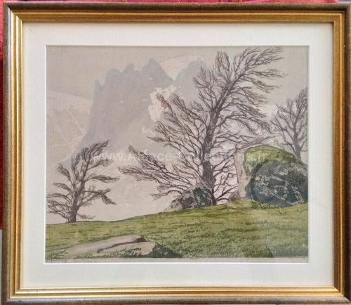 Grande et belle Gravure polychrome " Paysage de montagne " par Paul Leschhorn