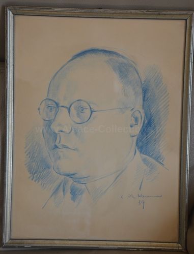 Dessin original au crayon bleu " Portrait d'homme " de Louis-Philippe Kamm