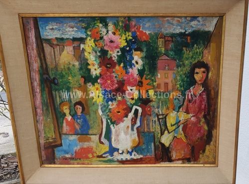 Huile sur toile " Bouquet devant le village " de Charles Walch