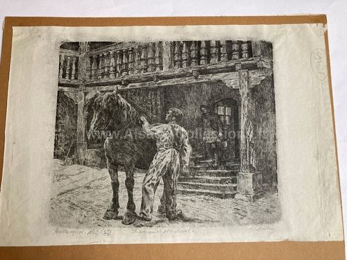 Gravure réhaussée " Le paysan et son cheval " de Auguste Dubois