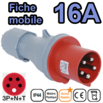 Fiche mobile mâle IP44 3P+N+T 16A 380-415V Connexion rapide
