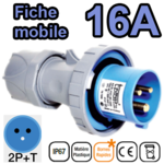 Fiche mobile mâle IP67 2P+T 16A 200-250V Connexion rapide