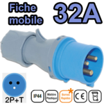 Fiche mobile mâle IP44 2P+T 32A 200-250V Connexion rapide