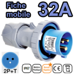 Fiche mobile mâle IP67 2P+T 32A 200-250V Connexion rapide