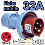 Fiche mobile mâle IP67 3P+T 32A 380-415V Connexion rapide