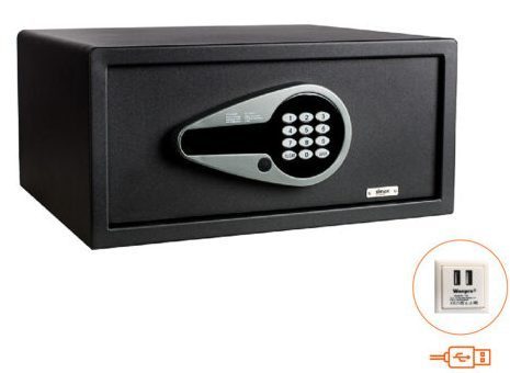 Black electronic hotel safe 27L and USB connection