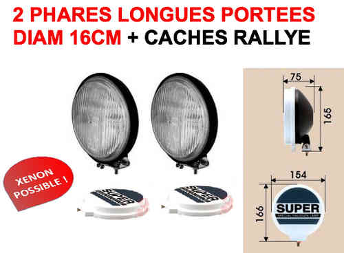 2 Phares 16cm + Cache Rallye Bol Noir Verre Blanc