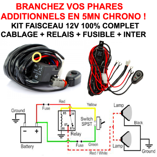 Faisceau 12V complet (relais fusible interrupteur câblage) branchez vos phares additionnels en 5mn !