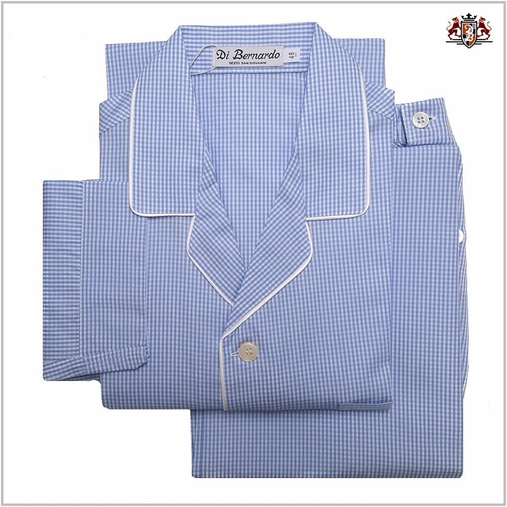 Di Bernardo art. Vichy 101 col. azzurro - Pigiama in tessuto camicia, puro cotone Popeline