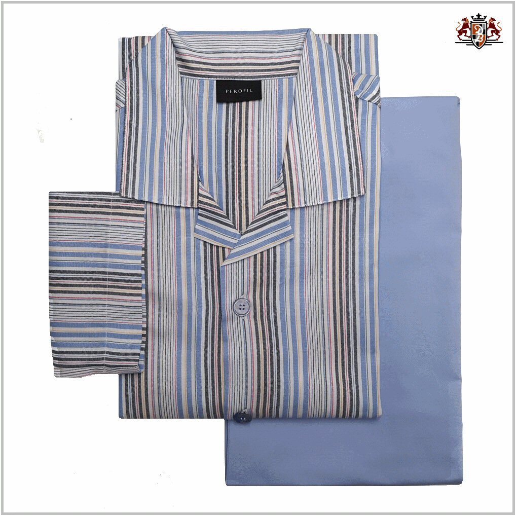 Perofil art. VPRT92573 col. 2062 riga azzurra - Pigiama in tessuto camicia, puro cotone Popeline