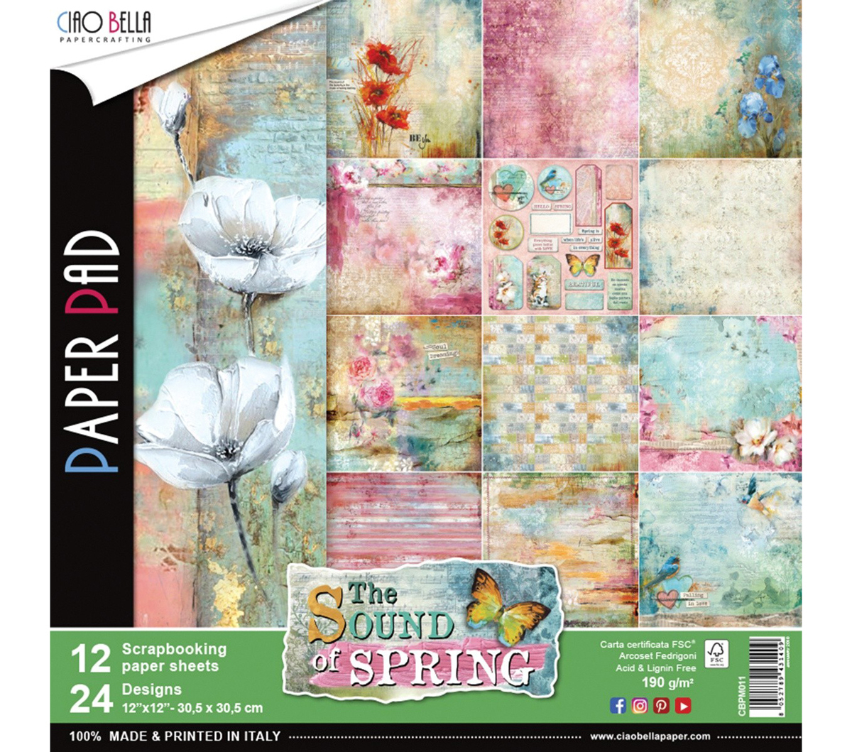 Set di 12 Carte 30x30 Ciao Bella Paper - The sound of Spring