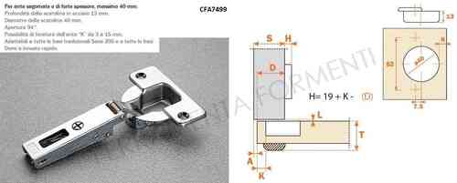CFA7A99 - Salice furniture hinge, hole 40mm, full overlay, opening angle 94°, door thick 20- 40mm