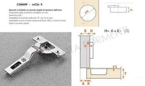 C2A6G99 - cerniera Salice per mobile, foro 35mm, collo 9, 1/2 collo, angolo apertura 110°