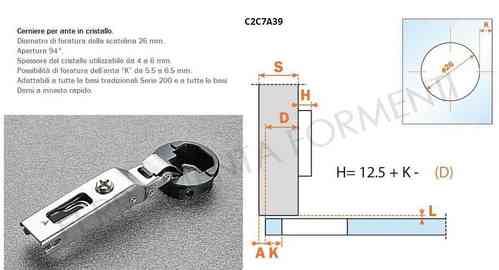 C2C7A39 - cerniera Salice diritta, sormonto totale, foro 26mm, per cristalli