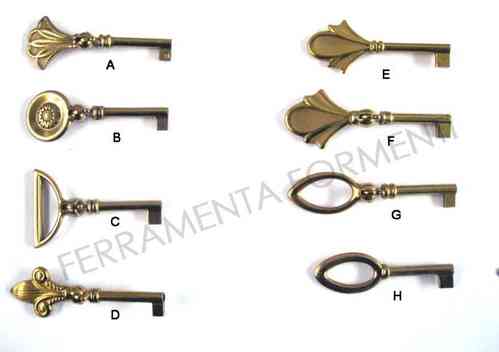 Brass key for furniture lock, with pin hole, useful length 36 mm