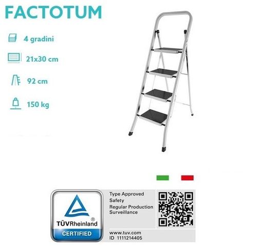 Escalera de 4 peldaños con alfombrilla de goma negra antideslizante, Factotum 4, Made in Italy