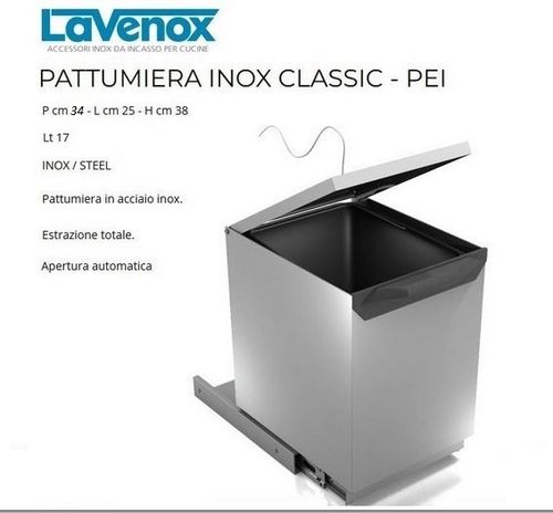 Lavenox PEI - Pattumiera sottolavello estraibile da cucina in acciaio inox, PRODOTTO ITALIANO