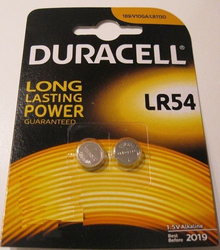 Button Battery Duracell long lasting LR54 compatible 189, V10GA, LR1130 package 2 pieces
