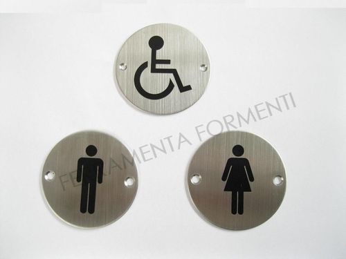 Pictogram man, woman, wheelchairs, stainless steel plate for bathroom door, 70mm diameter