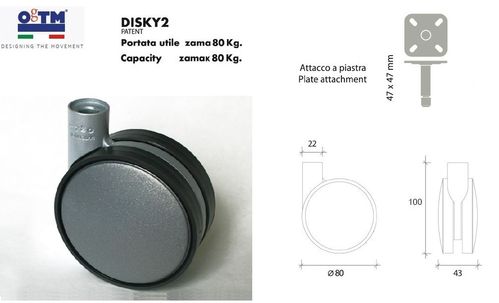 Ruota arredamento per mobili OgTM Disky 2, filetto 10MA, portata 80kg colore grigio CON/SENZA FRENO
