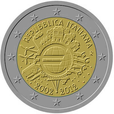 2 Euro Commemorativi Italia 2012 Anniversario 10 Anni Euro