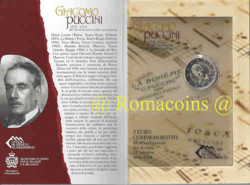 2 Euro Commemorative Coin San Marino 2014 Puccini Bu