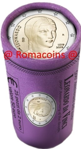 Roll Coins Italy 2 Euro 2019 Leonardo da Vinci Rare !!!