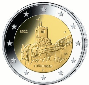 2 Euro Commemorative Coin Germany 2022 Thüringen Unc