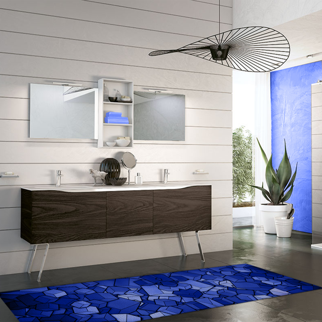 Tappeto Passatoia  Salotto Cucina Bagno Lavabile Antiscivolo Moderno Quadrato Blu- MOD5086