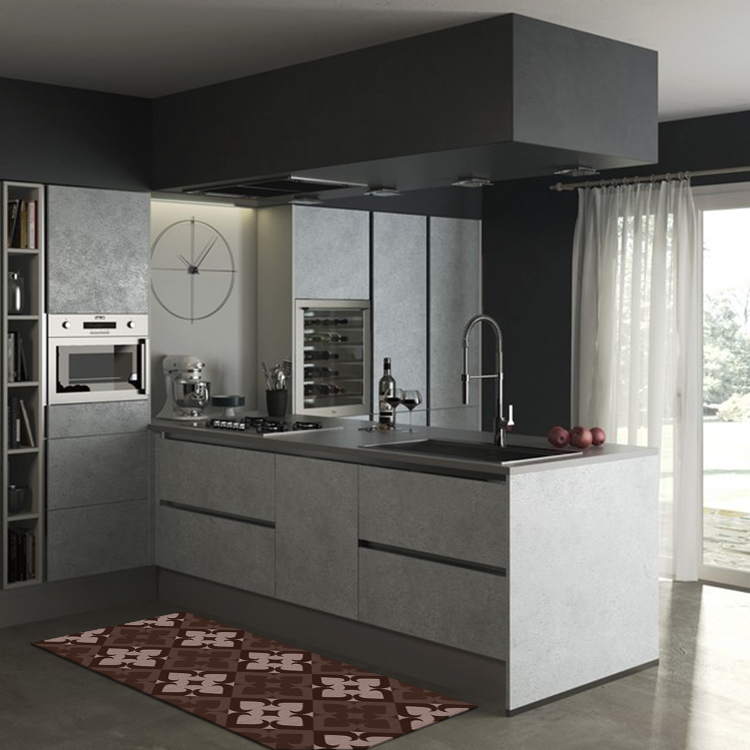 Tappeto Salotto Cucina Bagno Lavabile Antiscivolo Moderno Geometrico Floreale Marrone -MOD5163