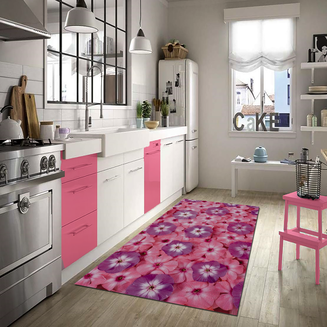 Tappeto Passatoia Salotto Cucina Bagno Lavabile Fiori Primule Rosa Viola - FLO0031
