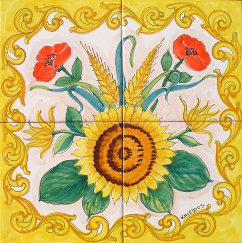 Pannello in Ceramica Papaveri e Girasole  40x40 cm - mod. giallo