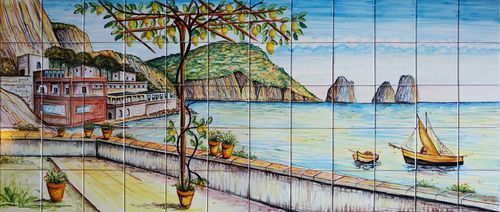Pannello Mosaico Vietrese Capri Antica e Faraglioni 120x50 cm