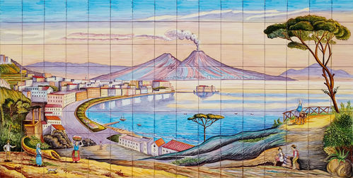Pannello Mosaico in Ceramica Napoli Antica Golfo e Vesuvio 160x80 cm