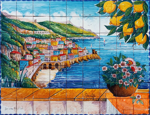 Pannello Vietrese a Mosaico Veduta della Costiera Amalfi 90x70 cm