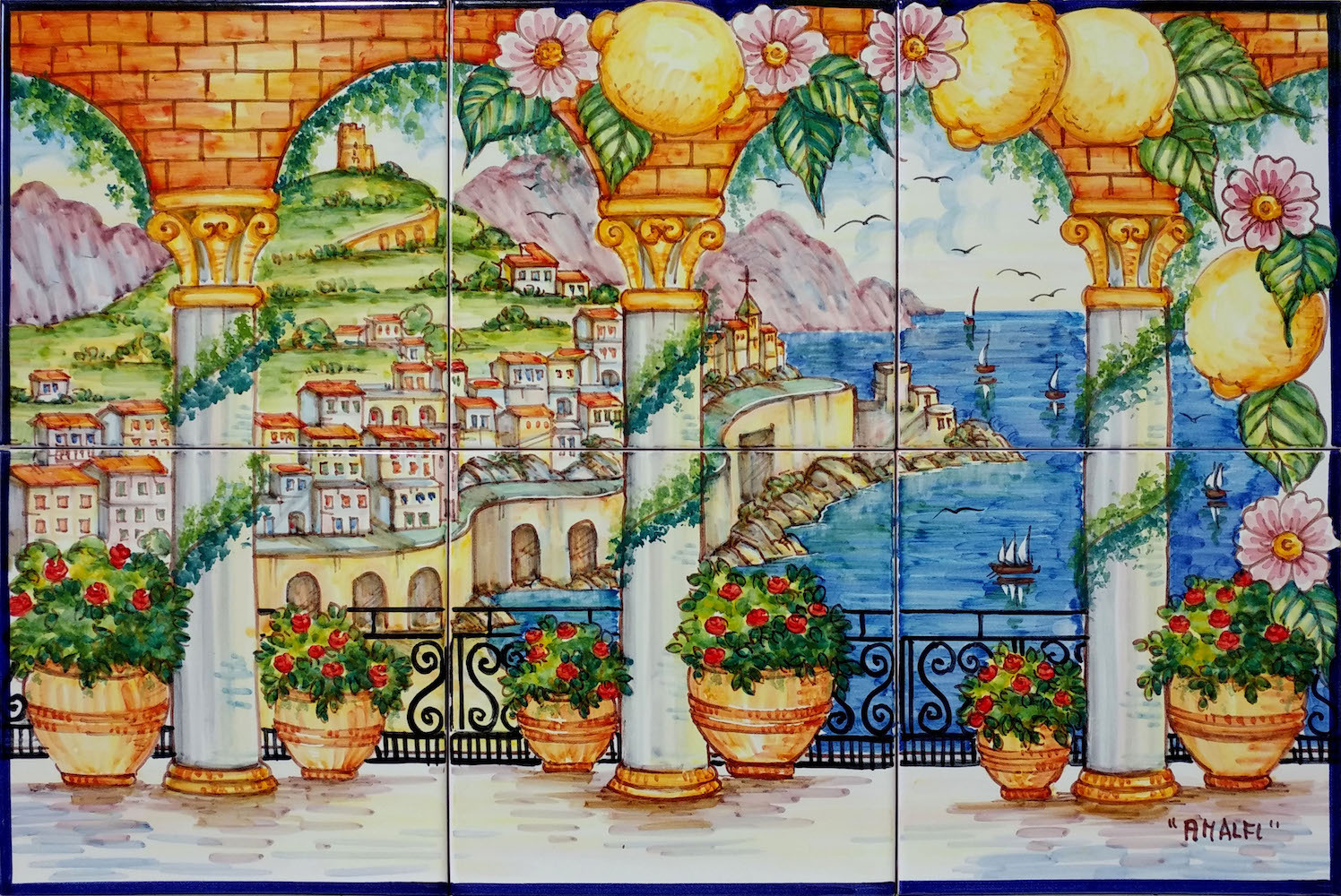 Pannello a Mosaico in Ceramica Veduta Colonnato di Amalfi 60x40 cm