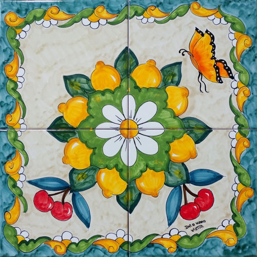 Pannello Ceramica Vietrese Margherita Limoni e Farfalla 40x40 cm