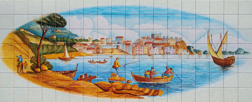 Pannello a Mosaico in Ceramica Vietrese Antica Veduta Costiera 180x70 cm
