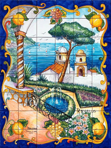 Pannello Mosaico Vietrese Veduta di Ravello Blu 60x80 cm