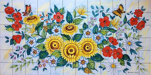Pannello Mosaico Rettangolare Girasoli e Farfalle 120x60 cm