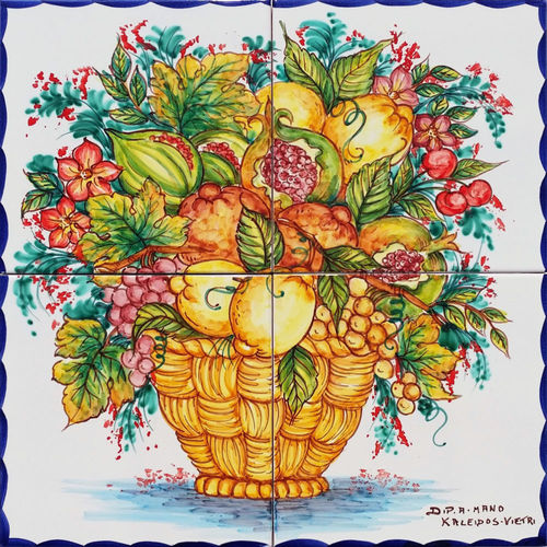 Pannello Arte in Ceramica Vietrese Cesta Fori e Frutta 40x40 cm