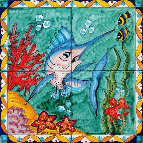 Pannello Vietrese in Ceramica Pesce Spada Fondale Marino 40x40 cm